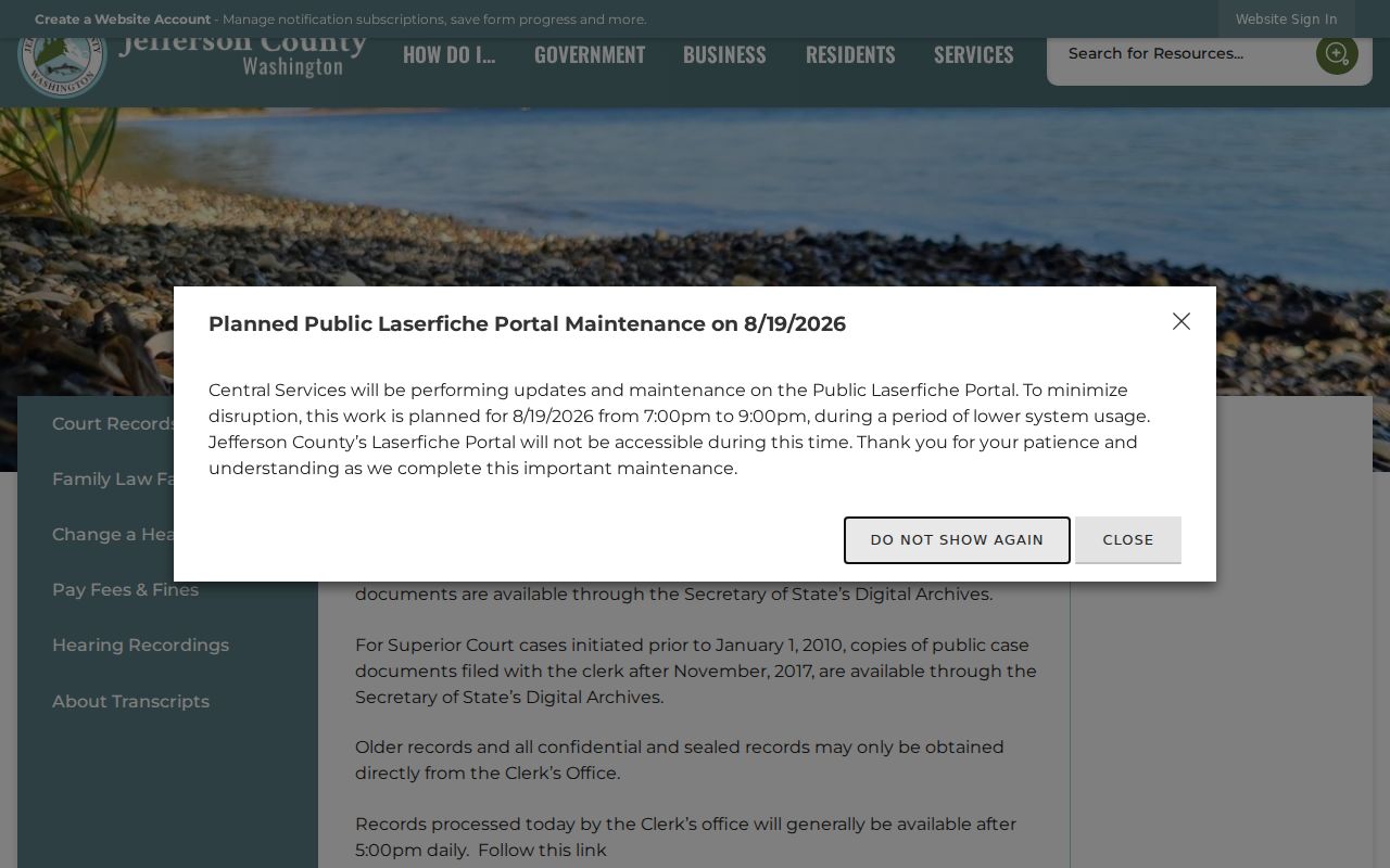 Jefferson County criminal court records access page for Superior Court