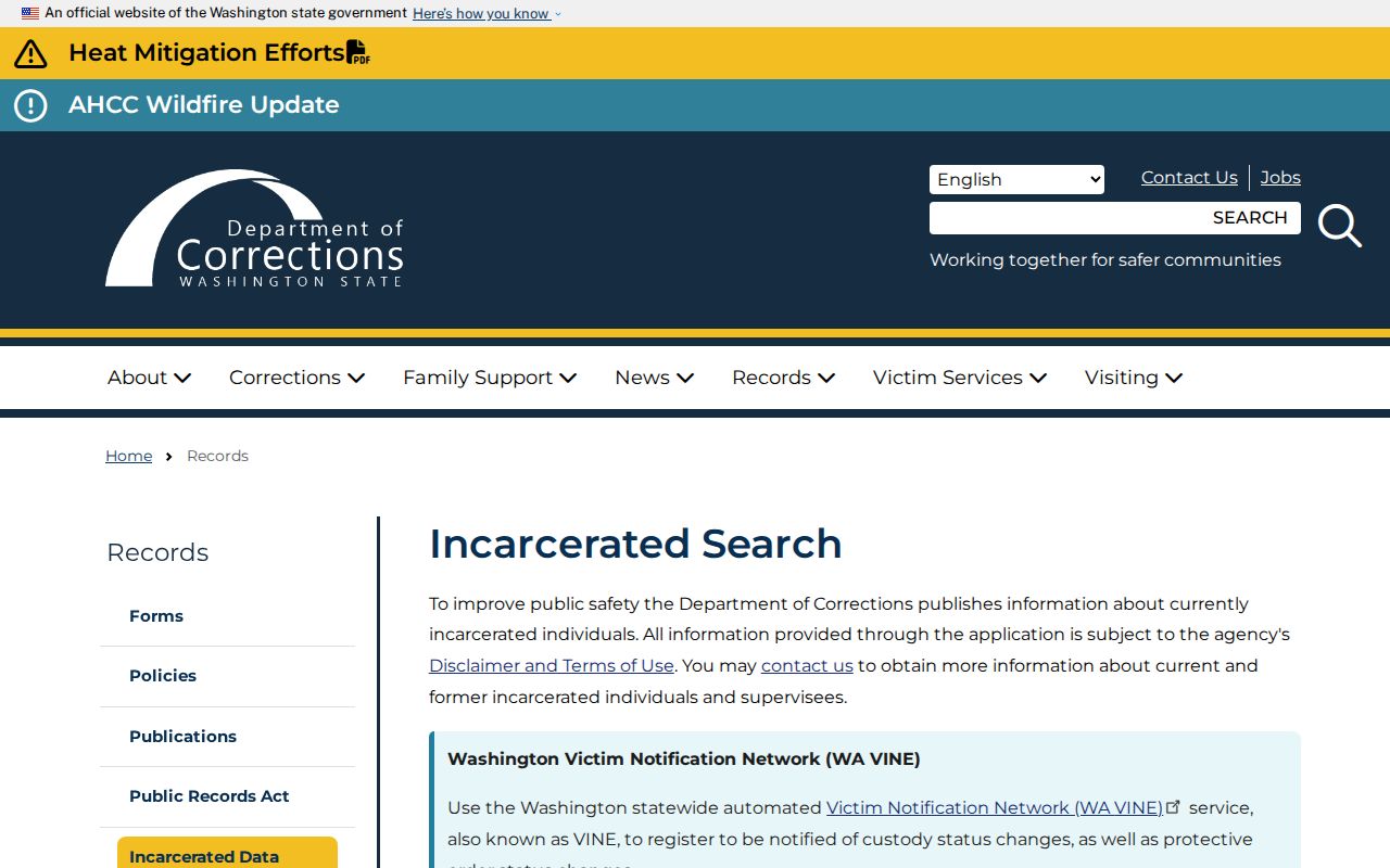 Jefferson County criminal history route through Washington DOC incarcerated search